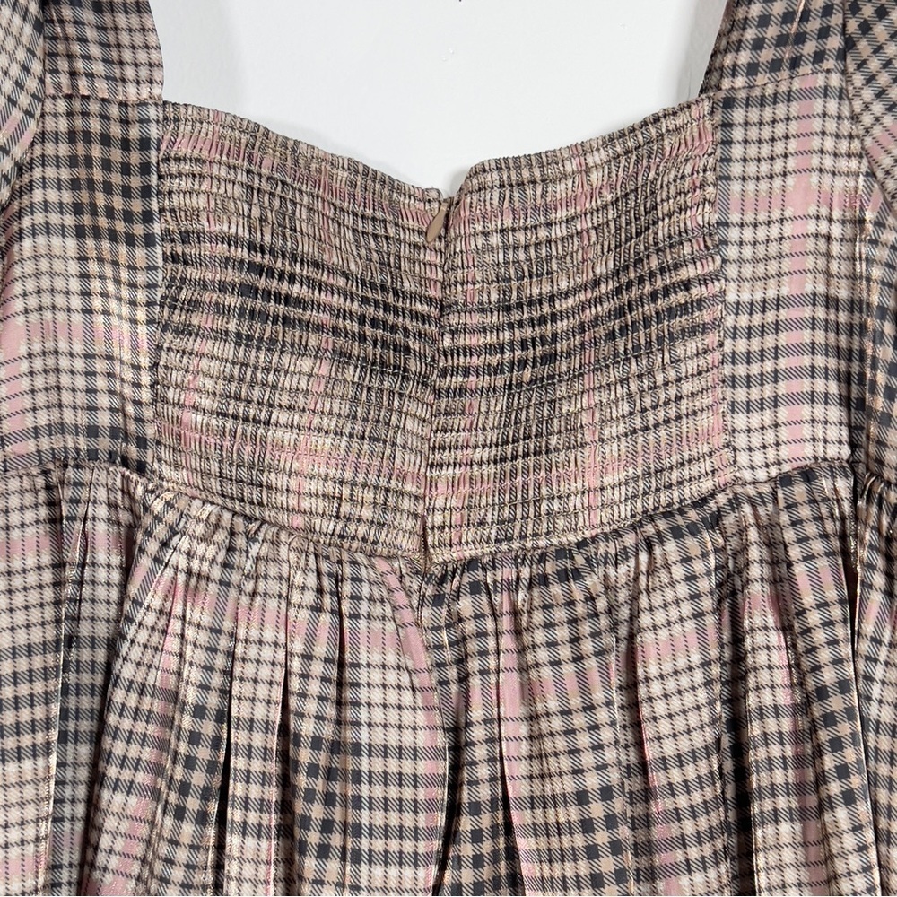 EN SAISON Plaid Organza Babydoll Mini Dress Sz L Puffy Short Sleeve - Picture 8 of 16